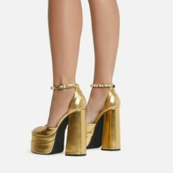 EGO So-Scandalous Diamante Strap Closed Square Toe Extreme Platform Block Heel In Gold Metallic Faux Leather -EGO Sales Store 20 07 227164