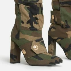EGO Jamisen Pocket Stud Detail Pointed Toe Block Heel Knee High Boot In Camo Print Fabric -EGO Sales Store 20 07 227214