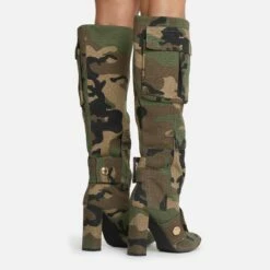 EGO Jamisen Pocket Stud Detail Pointed Toe Block Heel Knee High Boot In Camo Print Fabric -EGO Sales Store 20 07 227216