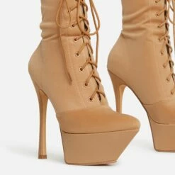 EGO Baddie-City Lace Up Pointed Toe Statement Platform Stiletto Ankle Sock Boot In Nude Lycra -EGO Sales Store 20 07 227222