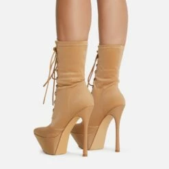 EGO Baddie-City Lace Up Pointed Toe Statement Platform Stiletto Ankle Sock Boot In Nude Lycra -EGO Sales Store 20 07 227223