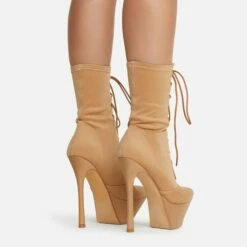 EGO Baddie-City Lace Up Pointed Toe Statement Platform Stiletto Ankle Sock Boot In Nude Lycra -EGO Sales Store 20 07 227224