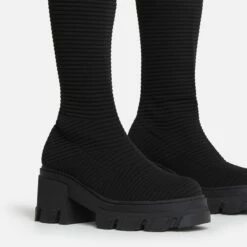 EGO Over-The-Moon Chunky Sole Over The Knee Thigh High Sock Boot In Black Ribbed Knit -EGO Sales Store 20 07 227244
