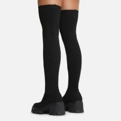 EGO Over-The-Moon Chunky Sole Over The Knee Thigh High Sock Boot In Black Ribbed Knit -EGO Sales Store 20 07 227245