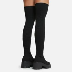 EGO Over-The-Moon Chunky Sole Over The Knee Thigh High Sock Boot In Black Ribbed Knit -EGO Sales Store 20 07 227246