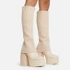 EGO Leila Layered Knit Detail Square Toe Platform Block Heel Calf Boot In Nude Faux Leather -EGO Sales Store 20 07 227251