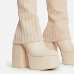 EGO Leila Layered Knit Detail Square Toe Platform Block Heel Calf Boot In Nude Faux Leather -EGO Sales Store 20 07 227252
