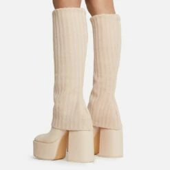 EGO Leila Layered Knit Detail Square Toe Platform Block Heel Calf Boot In Nude Faux Leather -EGO Sales Store 20 07 227253
