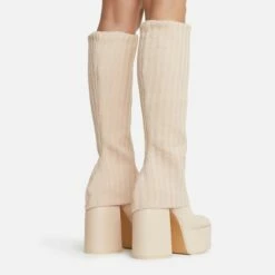 EGO Leila Layered Knit Detail Square Toe Platform Block Heel Calf Boot In Nude Faux Leather -EGO Sales Store 20 07 227254