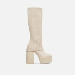 EGO Leila Layered Knit Detail Square Toe Platform Block Heel Calf Boot In Nude Faux Leather -EGO Sales Store 20 07 227286