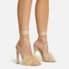EGO Aubrie Fluffy Faux Feather Lace Up Square Toe Sculptured Heel In Nude Faux Suede