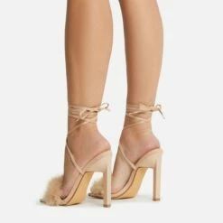 EGO Aubrie Fluffy Faux Feather Lace Up Square Toe Sculptured Heel In Nude Faux Suede -EGO Sales Store 22 09 22 fwbags0104