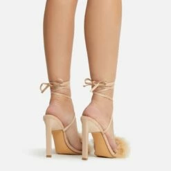 EGO Aubrie Fluffy Faux Feather Lace Up Square Toe Sculptured Heel In Nude Faux Suede -EGO Sales Store 22 09 22 fwbags0105