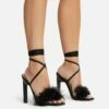 EGO Aubrie Fluffy Faux Feather Lace Up Square Toe Sculptured Heel In Black Faux Suede
