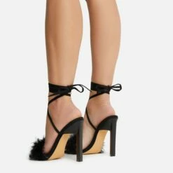 EGO Aubrie Fluffy Faux Feather Lace Up Square Toe Sculptured Heel In Black Faux Suede -EGO Sales Store 22 09 22 fwbags0109