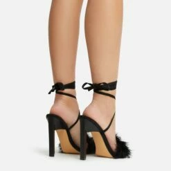 EGO Aubrie Fluffy Faux Feather Lace Up Square Toe Sculptured Heel In Black Faux Suede -EGO Sales Store 22 09 22 fwbags0110