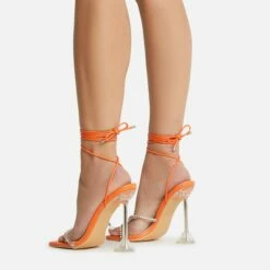 EGO Romantic Diamante Detail Lace Up Square Toe Clear Perspex Sculptured Heel In Orange Faux Leather -EGO Sales Store 22 09 22 fwbags0114