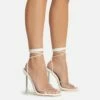 EGO Romantic Diamante Detail Lace Up Square Toe Clear Perspex Sculptured Heel In White Faux Leather