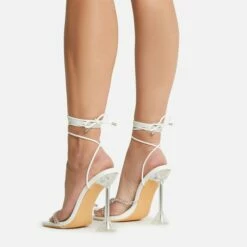 EGO Romantic Diamante Detail Lace Up Square Toe Clear Perspex Sculptured Heel In White Faux Leather -EGO Sales Store 22 09 22 fwbags0119