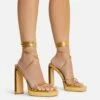 EGO Gemini Strappy Lace Up Square Toe Platform Thin Block Heel In Gold Croc Print Faux Leather