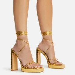 EGO Gemini Strappy Lace Up Square Toe Platform Thin Block Heel In Gold Croc Print Faux Leather