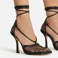 EGO New-Me Lace Up Square Toe Court Heel In Black Fishnet -EGO Sales Store 22 09 22 fwbags0138