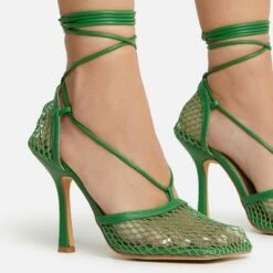 EGO New-Me Lace Up Square Toe Court Heel In Green Fishnet -EGO Sales Store 22 09 22 fwbags0143