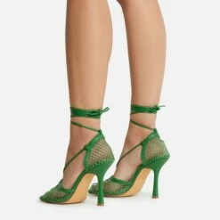 EGO New-Me Lace Up Square Toe Court Heel In Green Fishnet -EGO Sales Store 22 09 22 fwbags0144