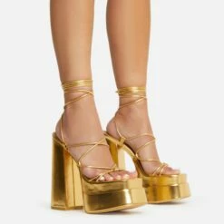 EGO Mika Lace Up Knotted Strap Detail Square Toe Platform Block Heel In Gold Faux Leather -EGO Sales Store 22 09 22 fwbags0166 copy