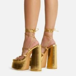 EGO Mika Lace Up Knotted Strap Detail Square Toe Platform Block Heel In Gold Faux Leather -EGO Sales Store 22 09 22 fwbags0169 copy