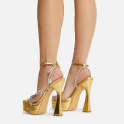 EGO Show-Ahead Clear Perspex Strap Diamante Detail Platform Flared Block Heel In Gold Faux Leather -EGO Sales Store 22 09 22 fwbags0204 sq