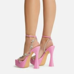 EGO Show-Ahead Clear Perspex Strap Diamante Detail Platform Flared Block Heel In Pink Faux Leather -EGO Sales Store 22 09 22 fwbags0209 sq