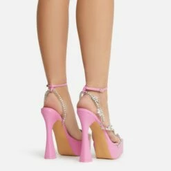 EGO Show-Ahead Clear Perspex Strap Diamante Detail Platform Flared Block Heel In Pink Faux Leather -EGO Sales Store 22 09 22 fwbags0210 sq