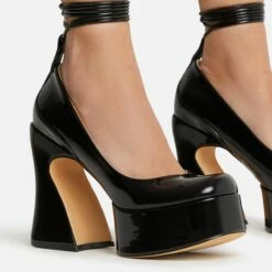 EGO Ahead-Of-The-Curve Lace Up Square Closed Toe Platform Curved Block Heel In Black Patent -EGO Sales Store 22 09 22 fwbags0213 copy
