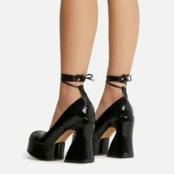 EGO Ahead-Of-The-Curve Lace Up Square Closed Toe Platform Curved Block Heel In Black Patent -EGO Sales Store 22 09 22 fwbags0214 copy