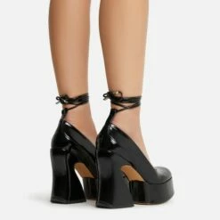 EGO Ahead-Of-The-Curve Lace Up Square Closed Toe Platform Curved Block Heel In Black Patent -EGO Sales Store 22 09 22 fwbags0215 copy