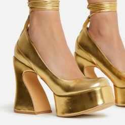 EGO Ahead-Of-The-Curve Lace Up Square Closed Toe Platform Curved Block Heel In Gold Faux Leather -EGO Sales Store 22 09 22 fwbags0218 copy