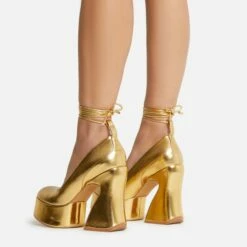 EGO Ahead-Of-The-Curve Lace Up Square Closed Toe Platform Curved Block Heel In Gold Faux Leather -EGO Sales Store 22 09 22 fwbags0219 copy