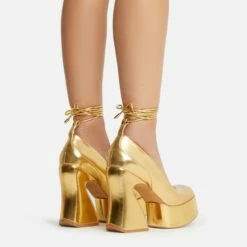 EGO Ahead-Of-The-Curve Lace Up Square Closed Toe Platform Curved Block Heel In Gold Faux Leather -EGO Sales Store 22 09 22 fwbags0220 copy