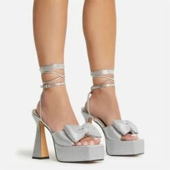 EGO Taste Lace Up Diamante Bow Detail Square Peep Toe Platform Flared Block Heel In Silver Faux Leather -EGO Sales Store 22 09 22 fwbags0312 copy 2