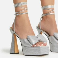 EGO Taste Lace Up Diamante Bow Detail Square Peep Toe Platform Flared Block Heel In Silver Faux Leather -EGO Sales Store 22 09 22 fwbags0314 copy 2