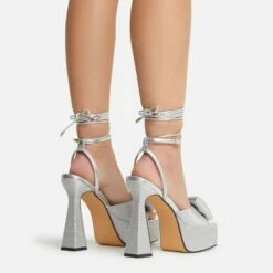 EGO Taste Lace Up Diamante Bow Detail Square Peep Toe Platform Flared Block Heel In Silver Faux Leather -EGO Sales Store 22 09 22 fwbags0316 copy 2