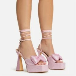 EGO Taste Lace Up Diamante Bow Detail Square Peep Toe Platform Flared Block Heel In Pink Faux Leather -EGO Sales Store 22 09 22 fwbags0318 copy 2