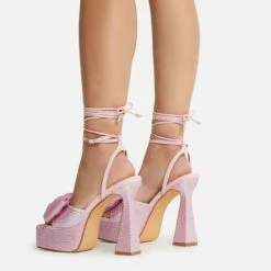 EGO Taste Lace Up Diamante Bow Detail Square Peep Toe Platform Flared Block Heel In Pink Faux Leather -EGO Sales Store 22 09 22 fwbags0320 copy 2