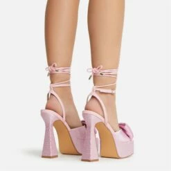 EGO Taste Lace Up Diamante Bow Detail Square Peep Toe Platform Flared Block Heel In Pink Faux Leather -EGO Sales Store 22 09 22 fwbags0321 copy 2