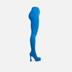 EGO Hypnosis Closed Square Toe Platform Flared Block Heel Long Legging Boot In Blue Lycra -EGO Sales Store 22 09 22 fwbags0351 sq