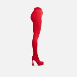 EGO Hypnosis Closed Square Toe Platform Flared Block Heel Long Legging Boot In Red Lycra -EGO Sales Store 22 09 22 fwbags0352 sq