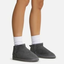 Front Page 5 EGO Ultra Mini Ankle Length Faux Fur Lining Boots In Grey Faux Suede