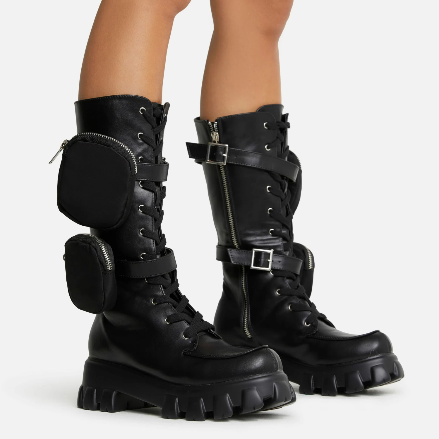 EGO Fyre Pocket Detail Lace Up Chunky Sole Ankle Biker Boot In Black Faux Leather 4 EGO Fyre Pocket Detail Lace Up Chunky Sole Ankle Biker Boot In Black Faux Leather - Image 2