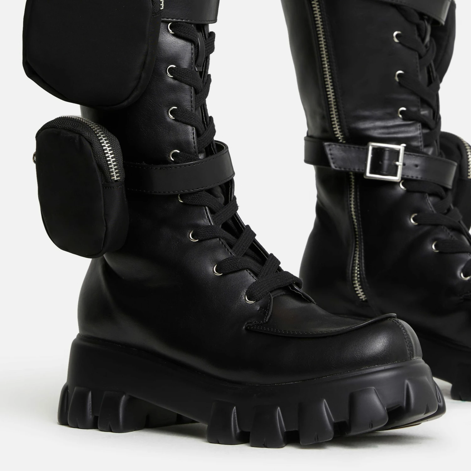 EGO Fyre Pocket Detail Lace Up Chunky Sole Ankle Biker Boot In Black Faux Leather 5 EGO Fyre Pocket Detail Lace Up Chunky Sole Ankle Biker Boot In Black Faux Leather - Image 3